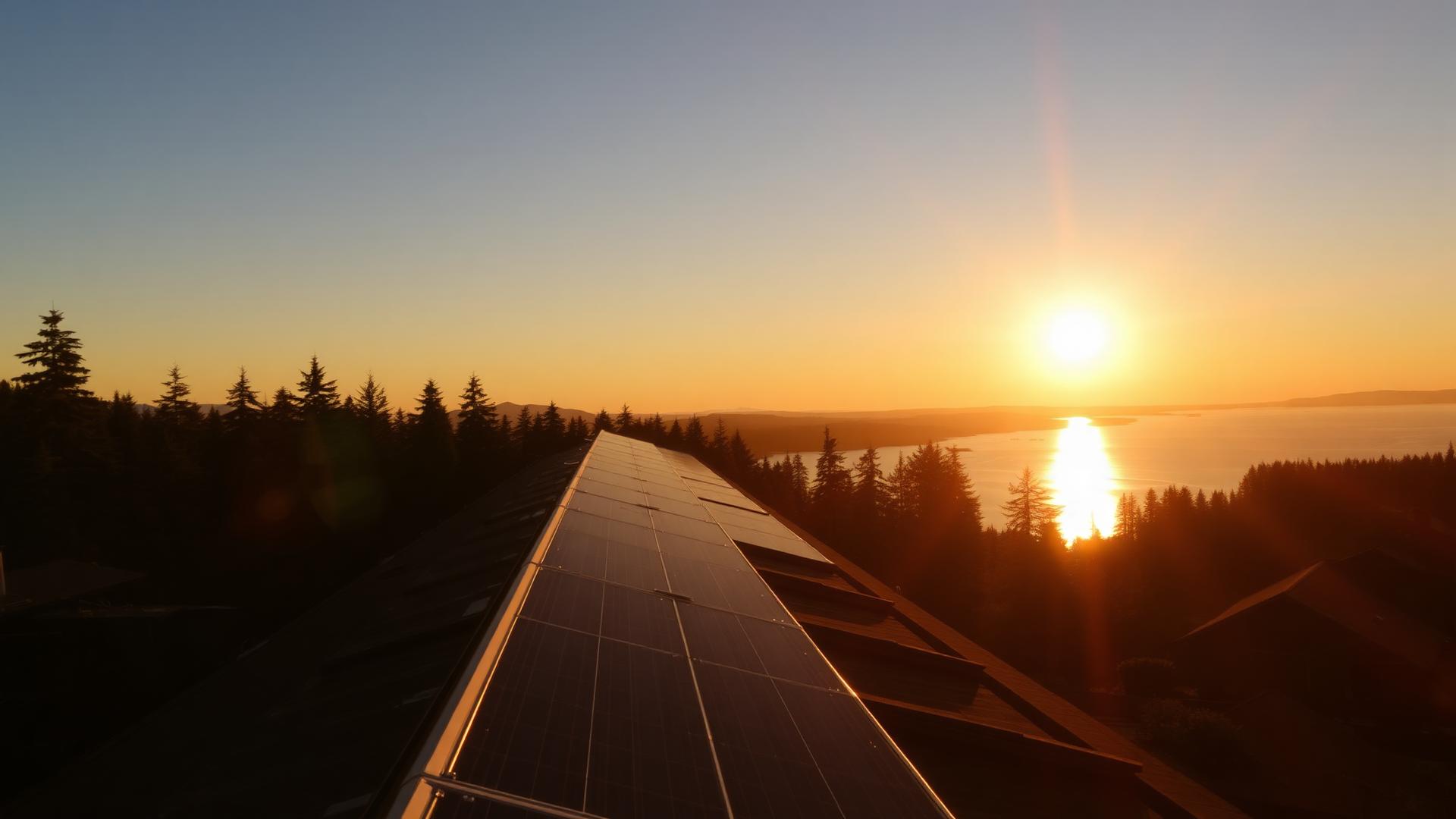 Rooftop solar panels at sunset